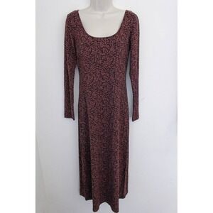 Peruvian Connection Dress Small Maroon Red Floral Print Long Sleeve Scoop Neck